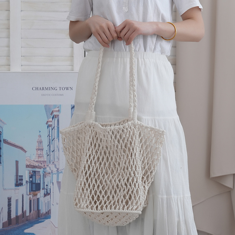 Fashion Niche Cotton Rope Woven Shoulder Bag Modern Simple Non-Contrasting Large Capacity Morning Commute Bag Vacation Bag