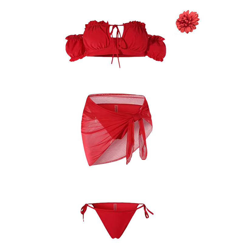 2025 nueva celebridad de Internet con el mismo estilo sexy retro rojo bikini traje de baño dividido mujer puro traje de baño verano al por mayor