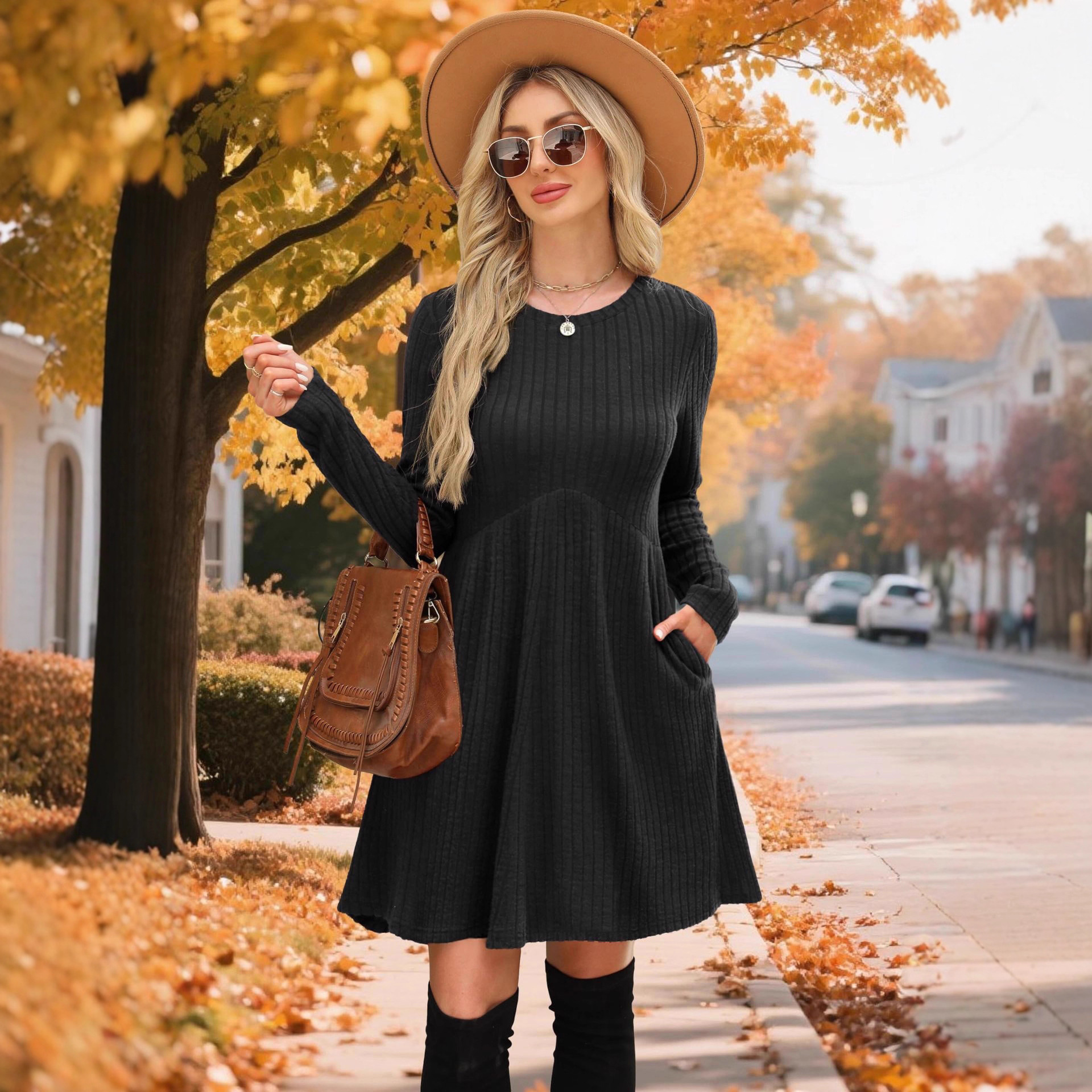 2025 Thick Autumn/Winter Bohemian Irregular Brushed Over-the-Knee Solid Color Women's Dress Umbrella Skirt_voghion.com