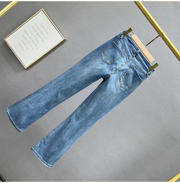 High-waisted Rhinestone Flared Jeans With Side Slits Denim Trousers_voghion.com