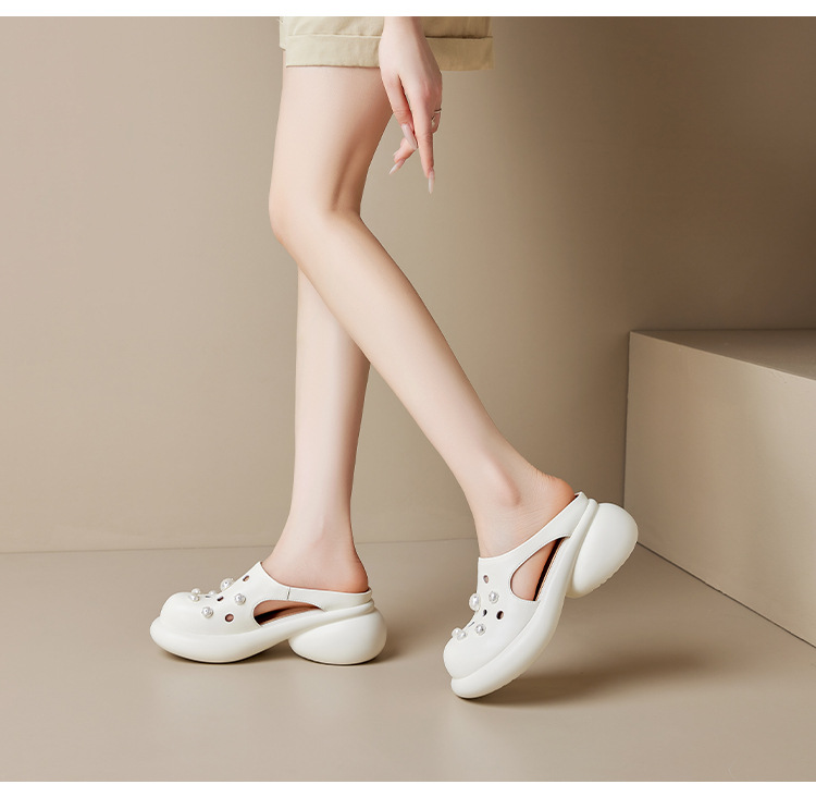 Dép lỗ ngọc trai Yichuan đế dày 6 cm kín mũi, cảm giác bước trên mây, mùa hè — đen chi tiết 12