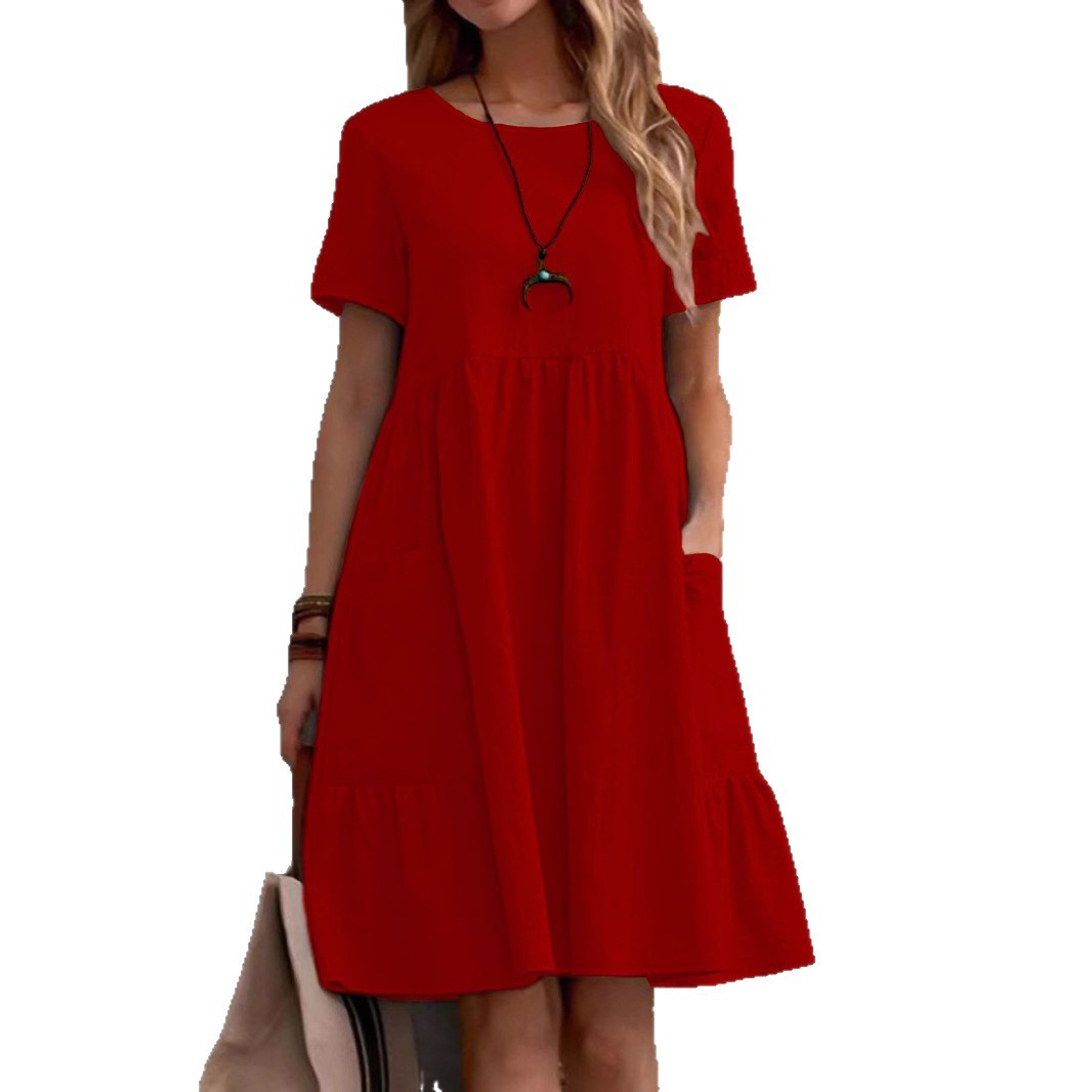 Women's Casual Short Sleeve A-Line Dress With Pockets, Solid Color Round Neck T-Shirt Dress For Everyday Wear_ecoleips.com