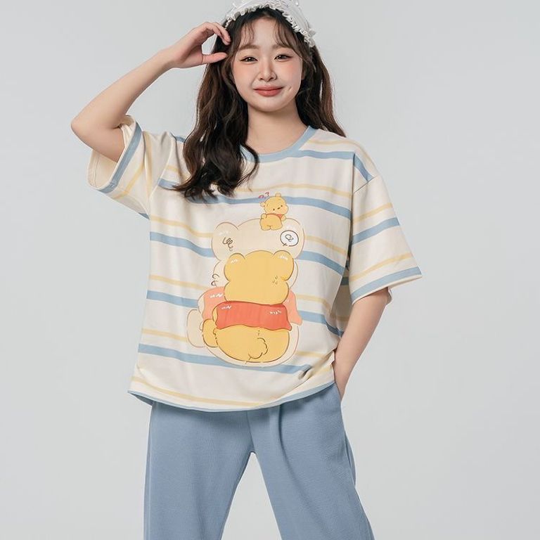 Pijamas de primavera y verano al por mayor transfronterizos, pantalones de manga corta para mujer, jersey de algodón de imitación, traje de servicio a domicilio de manga larga informal de gran tamaño suelto