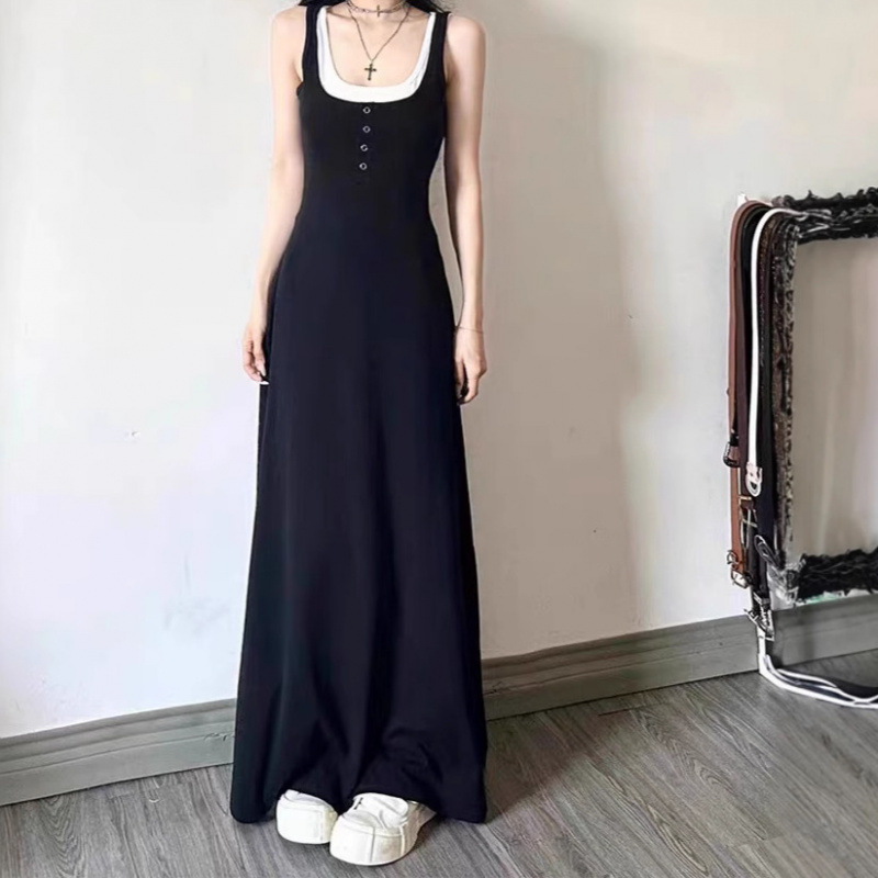黒のロングスカート偽ツーピースヘップバーンスタイルリトルブラックドレスプラセンタフレンチ年齢軽減痩身サスペンダードレス女性の夏服|undefined