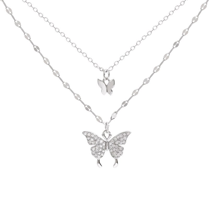 925 Sterling Silver Butterfly Double-Layer Necklace Women's Simple Design Sense Elegant Cold Style Clavicle Chain 2024 New Fashionable