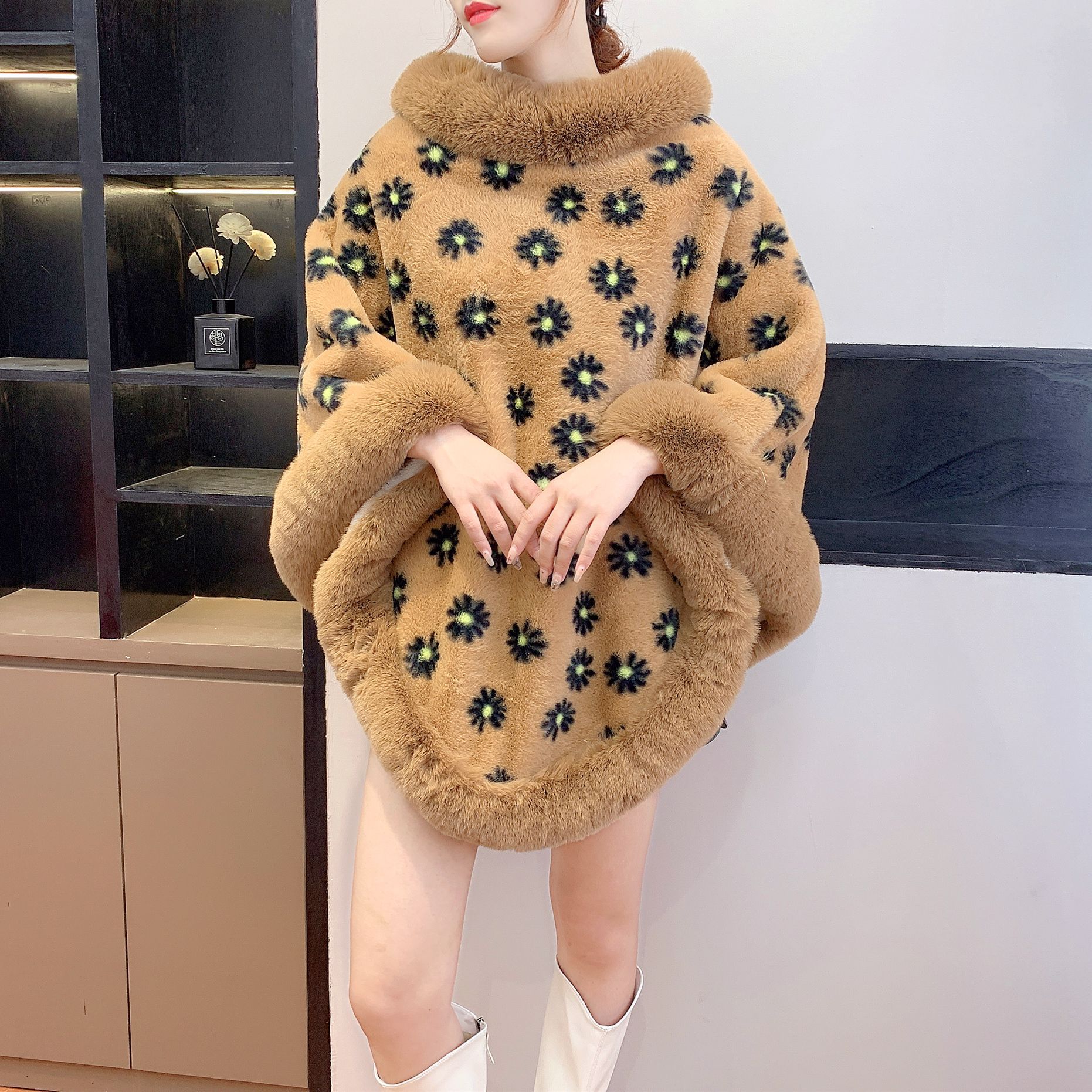 2025 otoño y invierno nueva ropa de mujer europea y americana Amazon transfronteriza lana chaqueta de flores de manga larga mujer caliente