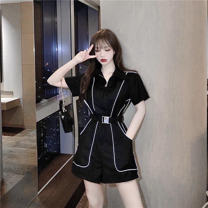 Workwear luminous striped jumpsuit 2024 Korean version of summer new waist slimming short sleeve jumpsuit personality suit Workwear luminous striped jumpsuit 2024 Korean version of summer new waist slimming short sleeve jumpsuit personality suit