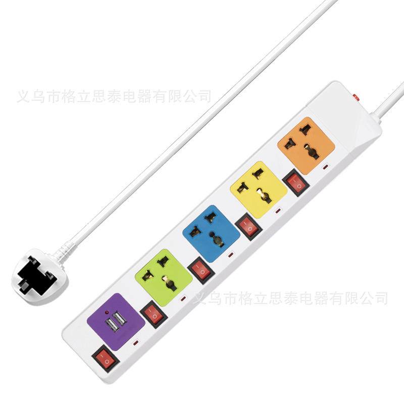 跨境插线板彩色万能通用孔家用电源插座2USB多功能桌面插排排插