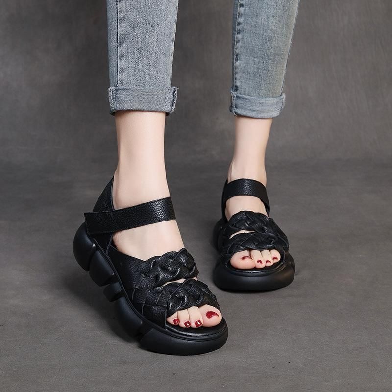 魔术嘴软底穿厚夏季2024松糕休闲凉鞋底真软皮外编织罗马鱼新款