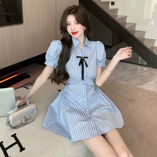 学院风套装收腰显瘦裙子条纹衬衫连衣裙女夏季高腰短裤时尚两件套