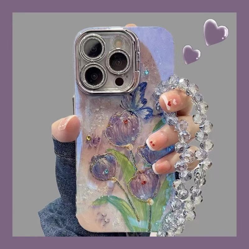 Hermosa pintura al óleo in tulipán mariposa para iPhone15 niña 16ProMax Apple 14/13 funda para teléfono móvil