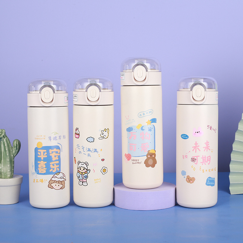 Printed 304 Stainless Steel Thermos Cup with Cartoon Pop-Up Lid and Straw, Cute Gift Cup for Children and Students, Wholesale Printed 304 Stainless Steel Thermos Cup with Cartoon Pop-Up Lid and Straw, Cute Gift Cup for Children and Students, Wholesale