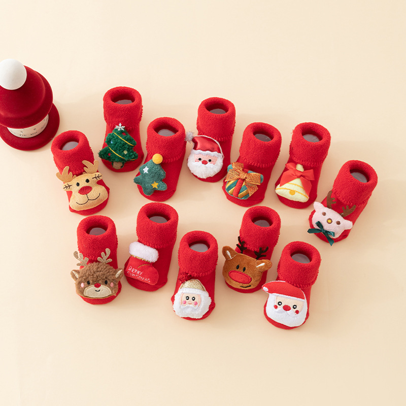 Baby socks autumn and winter terry red fleece-lined thickened baby non-slip mid-barrel Christmas floor socks wholesale Baby socks autumn and winter terry red fleece-lined thickened baby non-slip mid-barrel Christmas floor socks wholesale