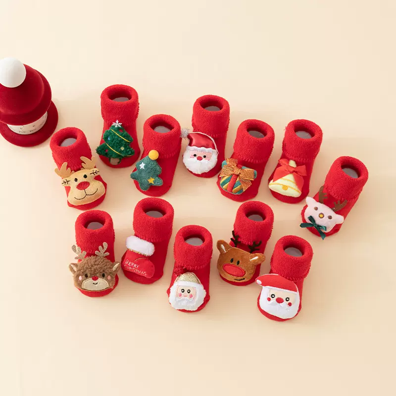 婴幼儿袜子秋冬季毛圈红色加绒加厚宝宝防滑中筒圣诞节地板袜批发