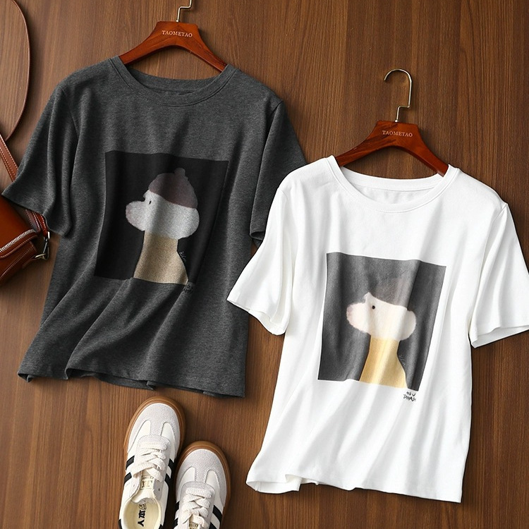 Taomao Taomao Eye-Catching Trendy T-Shirt! Great for Dressing Up! Combed Cotton Brushed Hat Dog Round Neck Short-Sleeved T-Shirt for Women