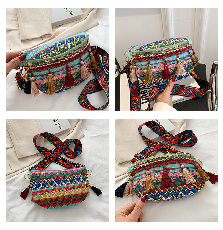 Venda quente pequeno peito perfumado tecido estilo étnico cor contrastante borla nova fita cintura bolsa crossbody tendência_voghion.com