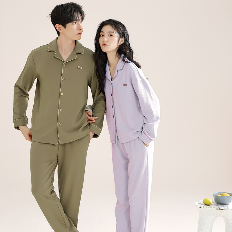 항균 통기성 순면 커플 잠옷 봄과 가을 긴 소매 바지 가디건 옷깃 플러스 사이즈 세트 남성 및 여성 홈 옷