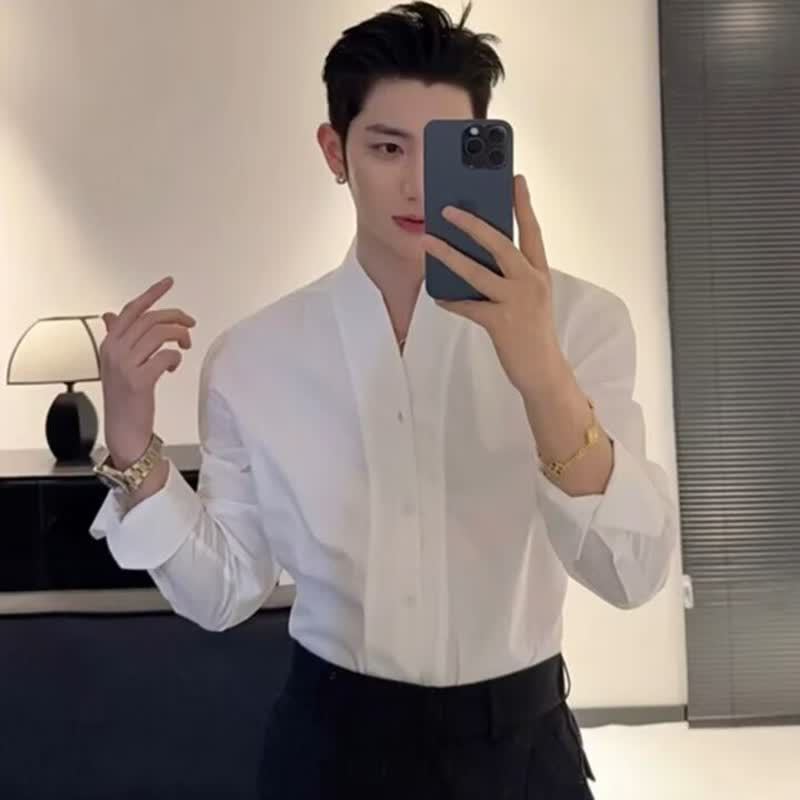 Stand Collar Shirt Men's Long-Sleeved Trendyy Handsome Casual No-Iron Draped Elastic High-End Seamless V Neck White Shirt