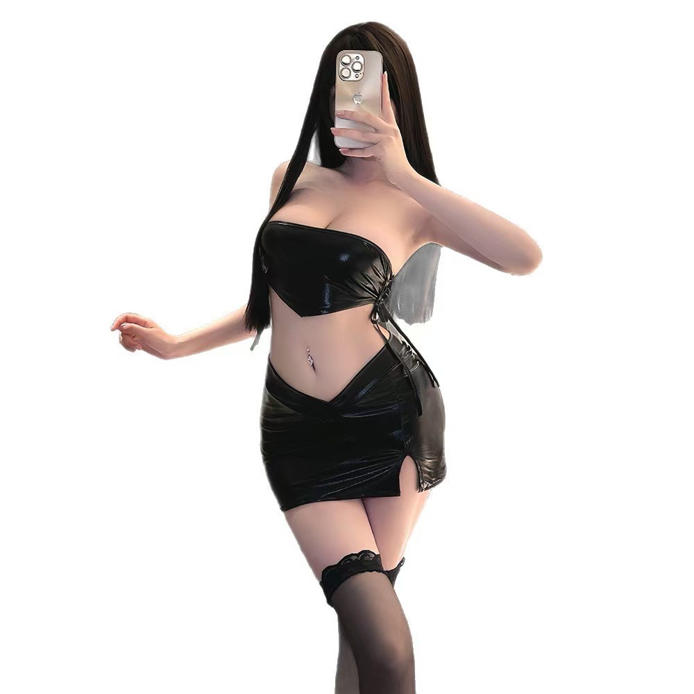 Strapless Tube Top Lingerie Set with Mini Skirt and Thong, Polyester Uniform-Style Costume — detail image 6