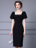 Zhili French Women's Style Dress 2024 Summer Handmade Nail Diamond Bubble Sleeves Side Split Wrapped Hip Skirt Showcase 