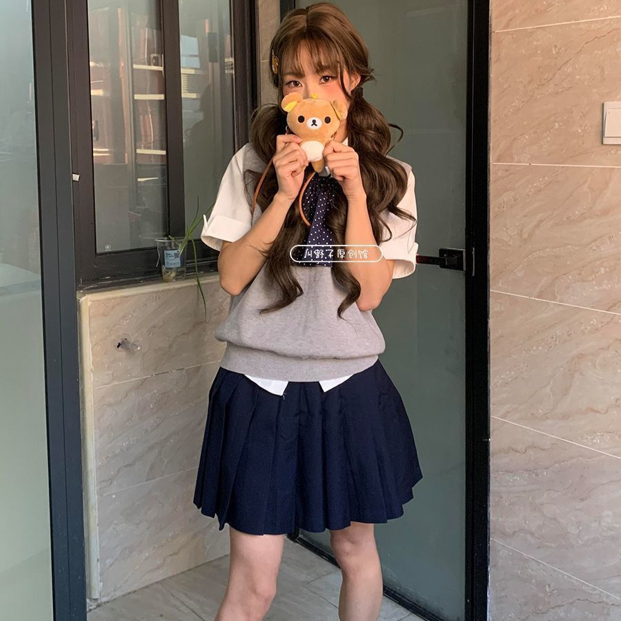 原创日系软妹穿搭学院风JK制服针织马甲开衫基础款衬衫百褶裙套装
