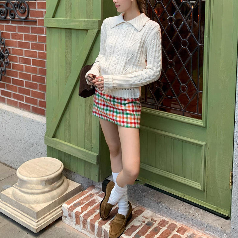 慵懒风云母莫桑 麻花纹翻领毛衣女2025秋季新款修身短款针织上衣|undefined