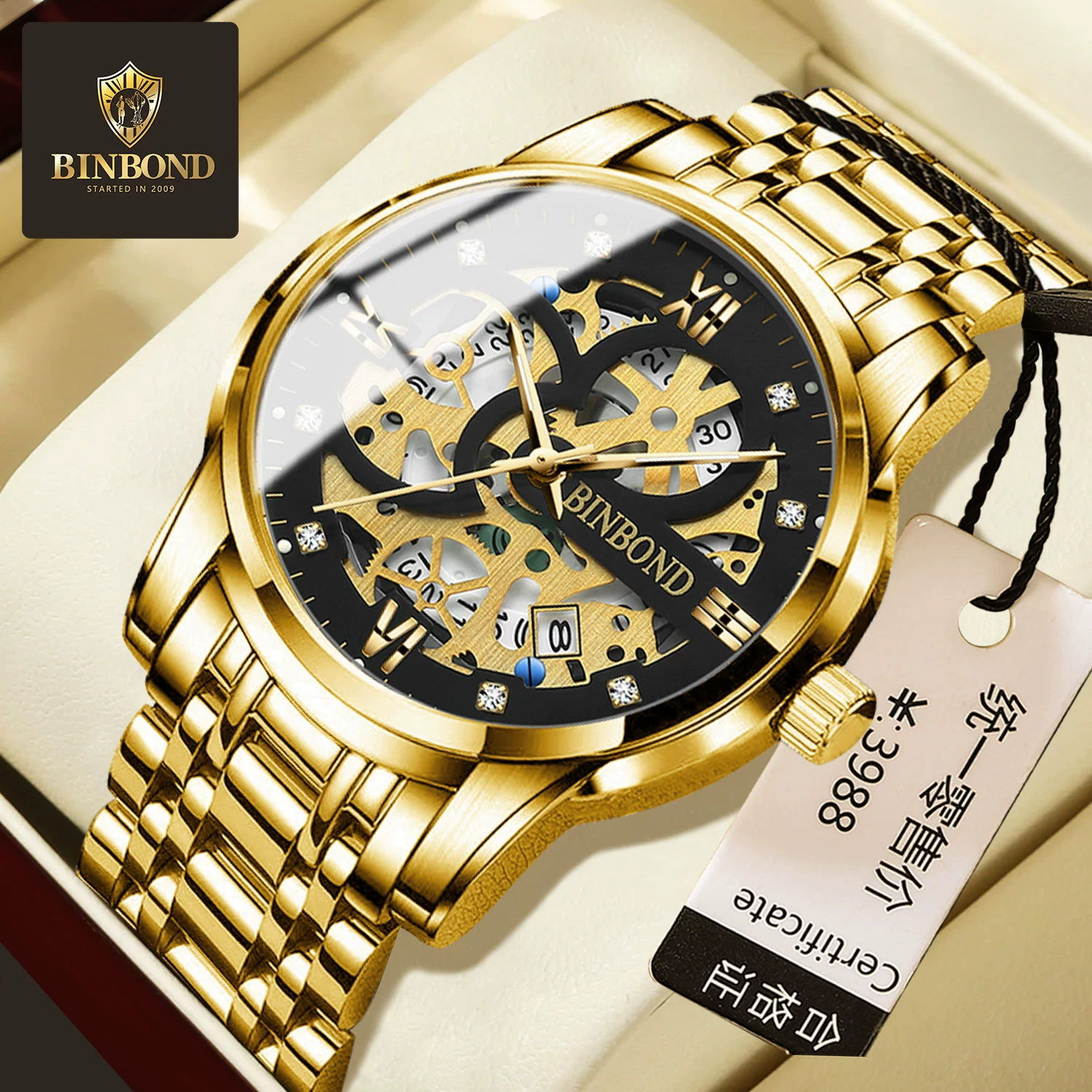 Мужские часы (Binbond) B6656, кварцевый механизм, корпус из металла 45 мм, водозащита 30 м