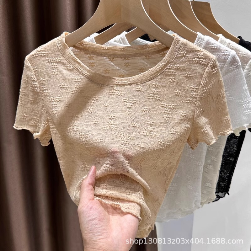Brown Lace Short-Sleeved T-Shirt for Women in Summer High-End Design Women's Jacquard Elegant Right Shoulder Curved Hem Top