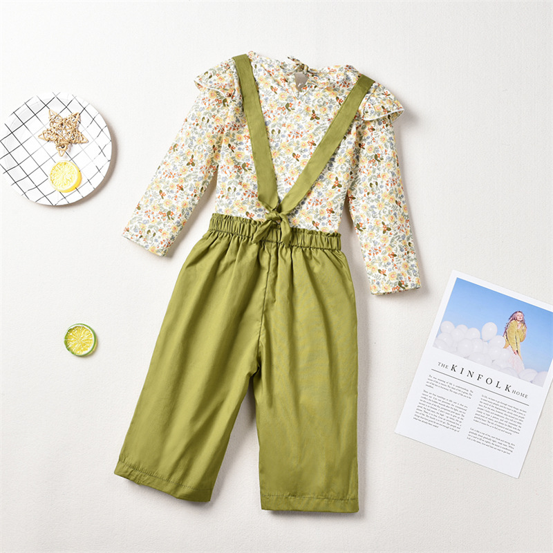 Pastoral Style Floral Long-sleeved Blouse Girls Green Suspenders Trousers display picture 12