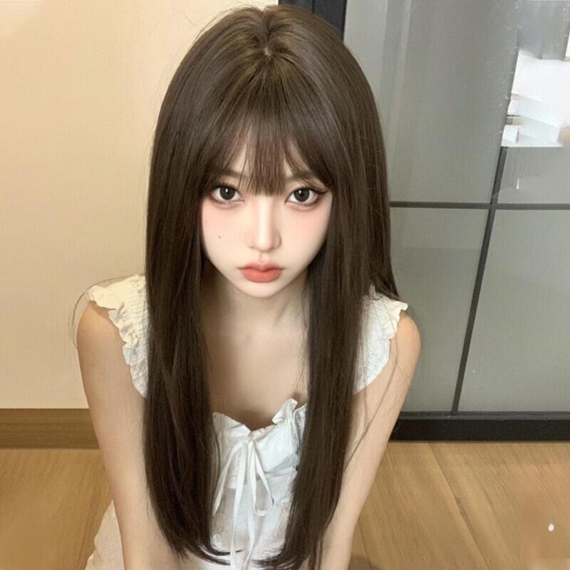 Wig for Women with Air Bangs, Lolita Style, Round Face, Fashionable Long Straight Hair, Sweet and Natural, Summer Thin Style, Internet Celebrity Full Wig Wig for Women with Air Bangs, Lolita Style, Round Face, Fashionable Long Straight Hair, Sweet and Natural, Summer Thin Style, Internet Celebrity Full Wig