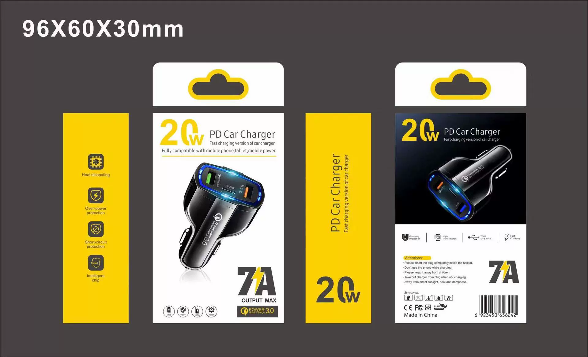 Car charger Super fast charging 40W car charging cigarette lighter Type-C+dual USB one-dragging three car charger