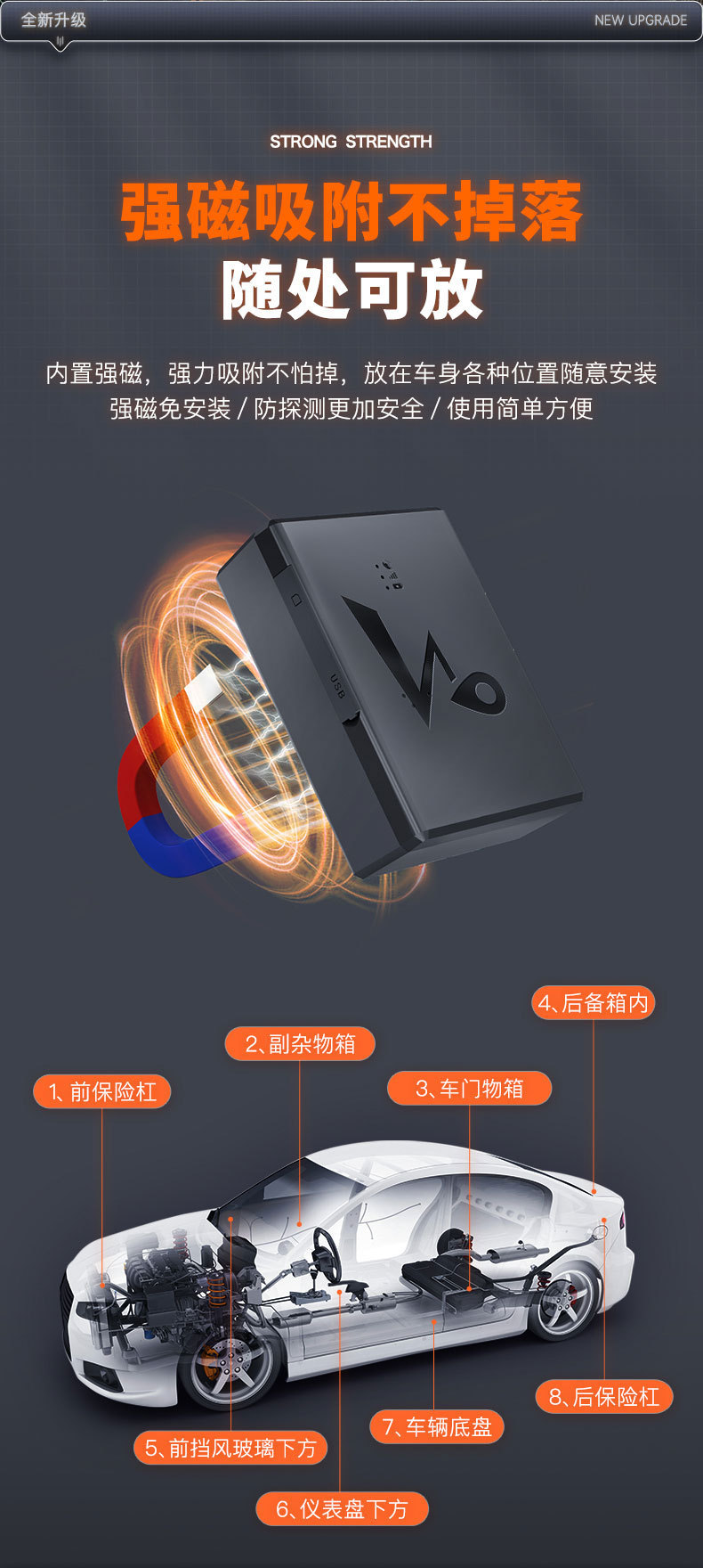 Global GPS tracker with long standby time, large capacity, strong magnetic force, designed for tracking large vehicles and equipment, and as an anti-loss device