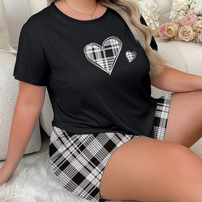 ヨーロッパとアメリカの夏プルオーバー半袖ショーツツーピースホーム服ラブチェック柄カジュアルで快適なミルクシルクパジャマ女性用|undefined