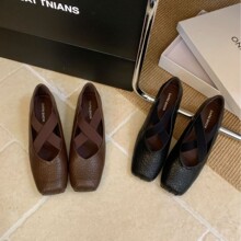 羊皮版！方头复古交叉带玛丽珍鞋女内增高浅口气质简约芭蕾舞单鞋