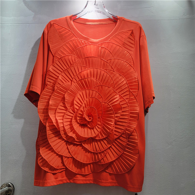 Diseño estereoscópico gran flor camiseta de manga corta para mujeres verano 2026 nuevo temperamento suelto para mujeres