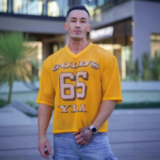 时尚潮牌欧码t恤男士运动健身快干透气大网眼印花短袖上衣