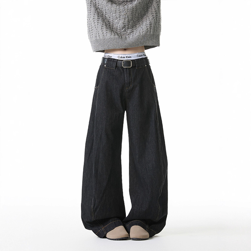 American Black Wide-Leg Jeans for Men and Women, Trendy Brand New Loose Cleanfit Straight High Street Floor-Length Pants