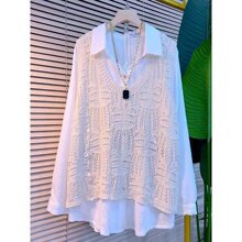 新款大码女装胖胖点好欧洲站时尚针织钩花马甲搭配简约衬衫套装