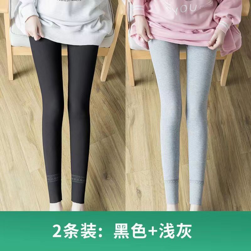 纯棉打底裤女士春秋薄款可内外穿加大码蕾丝花边弹力螺纹秋裤衬裤|undefined