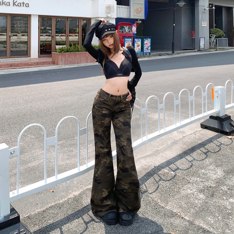 【今茵】3色/美式街头辣妹复古风低腰喇叭裤百搭修身显瘦牛仔裤女|undefined