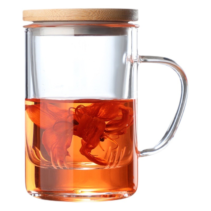 Juego de tres piezas de vidrio de borosilicato taza de separación de té taza de té cubierta de acero filtro de vidrio flor taza de té taza de beber