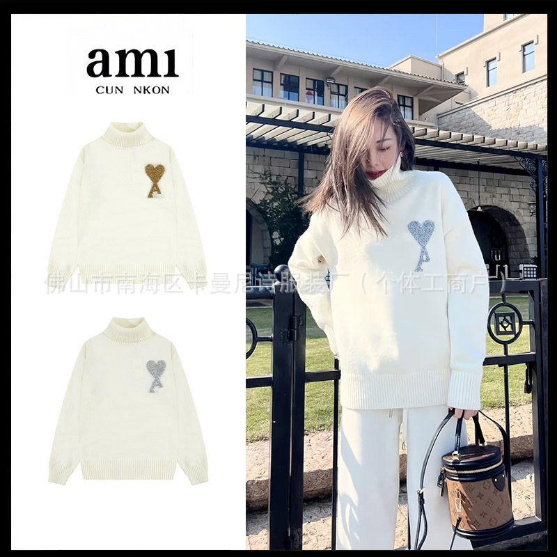 Ami Gold and Silver Big Heart Jacquard Alpaca Wool Blend Turtleneck Knitwear for Men and Women Same Style Christmas Casual Knitwear Ami Gold and Silver Big Heart Jacquard Alpaca Wool Blend Turtleneck Knitwear for Men and Women Same Style Christmas Casual Knitwear