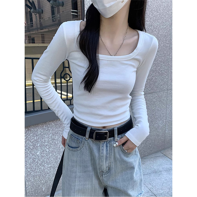 White Pure Cotton Long-Sleeve T-Shirt for Women, Suitable for Spring and Autumn, 2026 New Style, Can Be Worn as Outerwear or as a Base Layer, with Regular Shoulders and Square Neckline