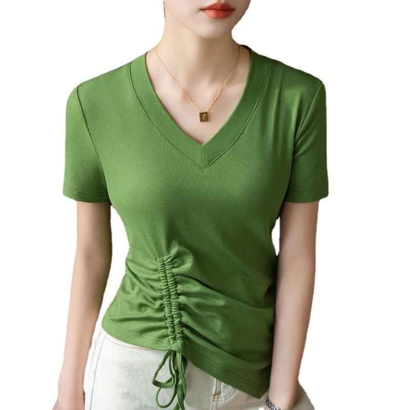 Camiseta de manga corta para mujer verano 2023 nueva camiseta de hilo con cuello en V de ala ancha para mujer retro cordón plisado cintura superior