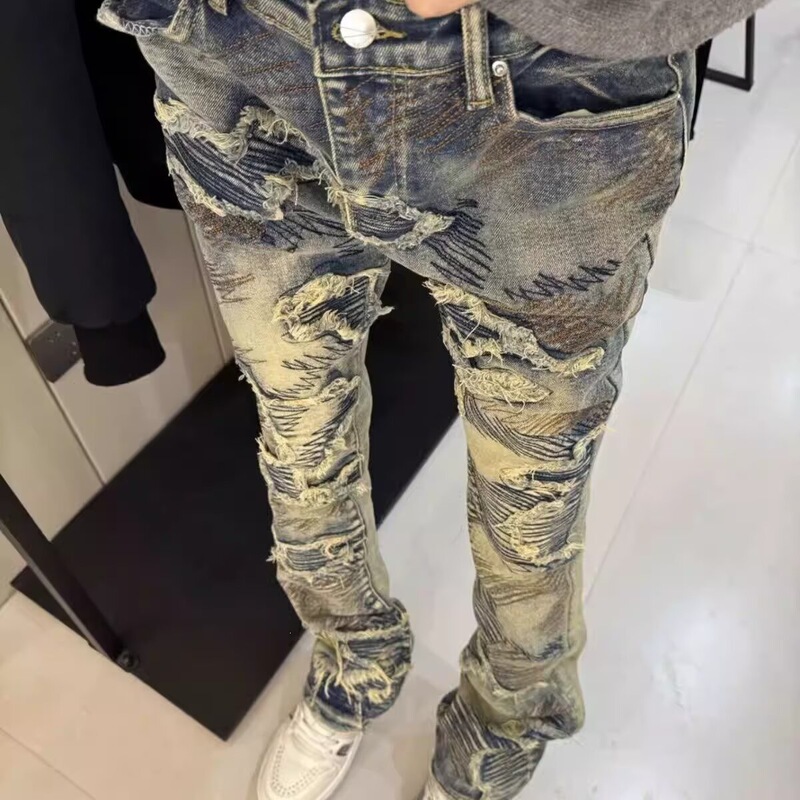 Spring and Autumn Retro Patchwork Biker Multi-Pocket Jeans for Men, Slim Fit, Nostalgic, Stretchy, Unique, European and American Style Long Pants, Trendy