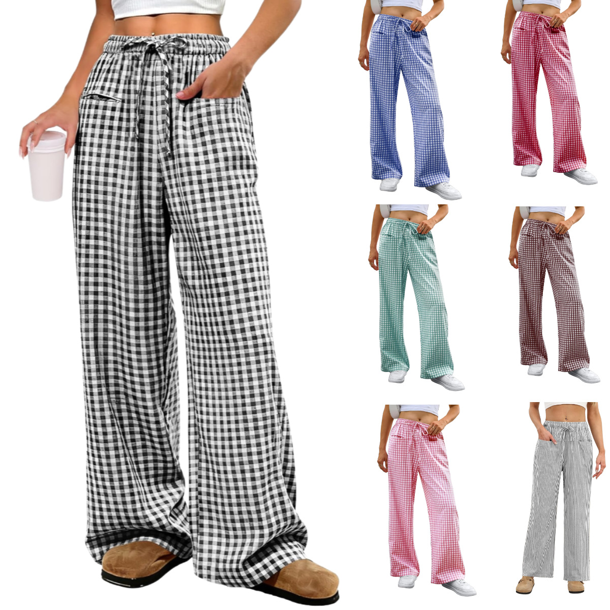 Amazon European and American Cross-Border 2026 Spring and Summer New Women's High-Waisted Wide-Leg Plaid Drawstring Home Casual Pants