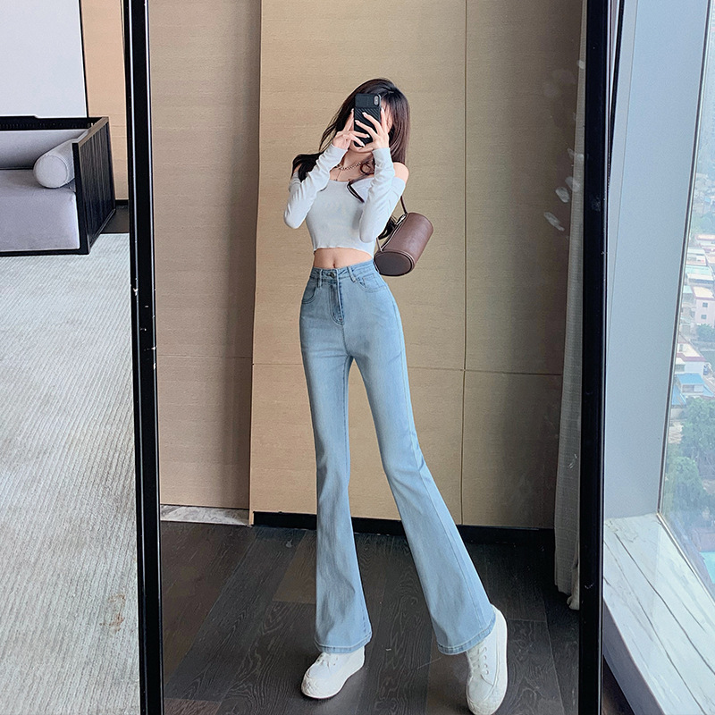 Hong Kong Style Retro Denim Bell-Bottom Pants for Women 2023 Autumn New Elastic Slimming Look Wide-Leg Pants High-Waisted Slightly Flared Pants