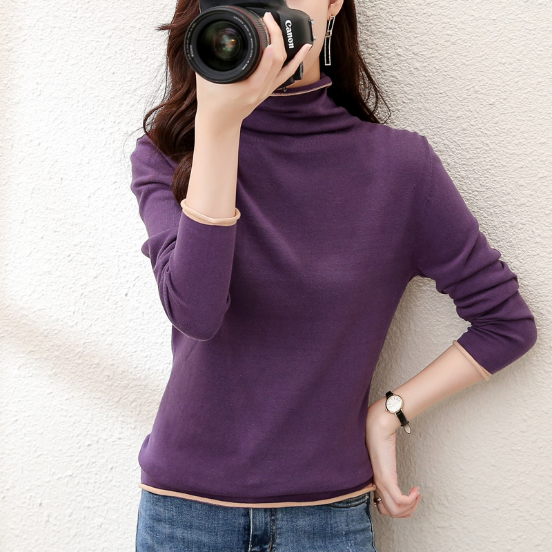 2025 Autumn and Winter Pure Color Cotton Women's Bottoming Shirt Cotton Knitwear Pile High Collar Rolled Edge Women's Foreign Trade Wholesale Delivery