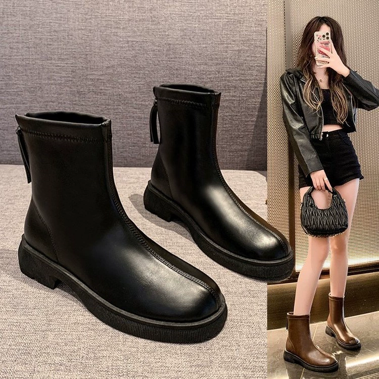 Ботинки в британском стиле для женщин, осень-зима 2025, новая модель, модные короткие ботинки с задней молнией, универсальные, на толстой подошве, утягивающие.