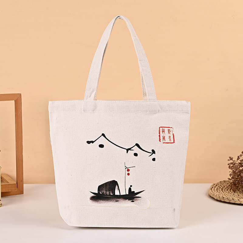 古风彩印手提单肩帆布袋　江上孤舟图礼品袋 广告宣传购物袋定 制